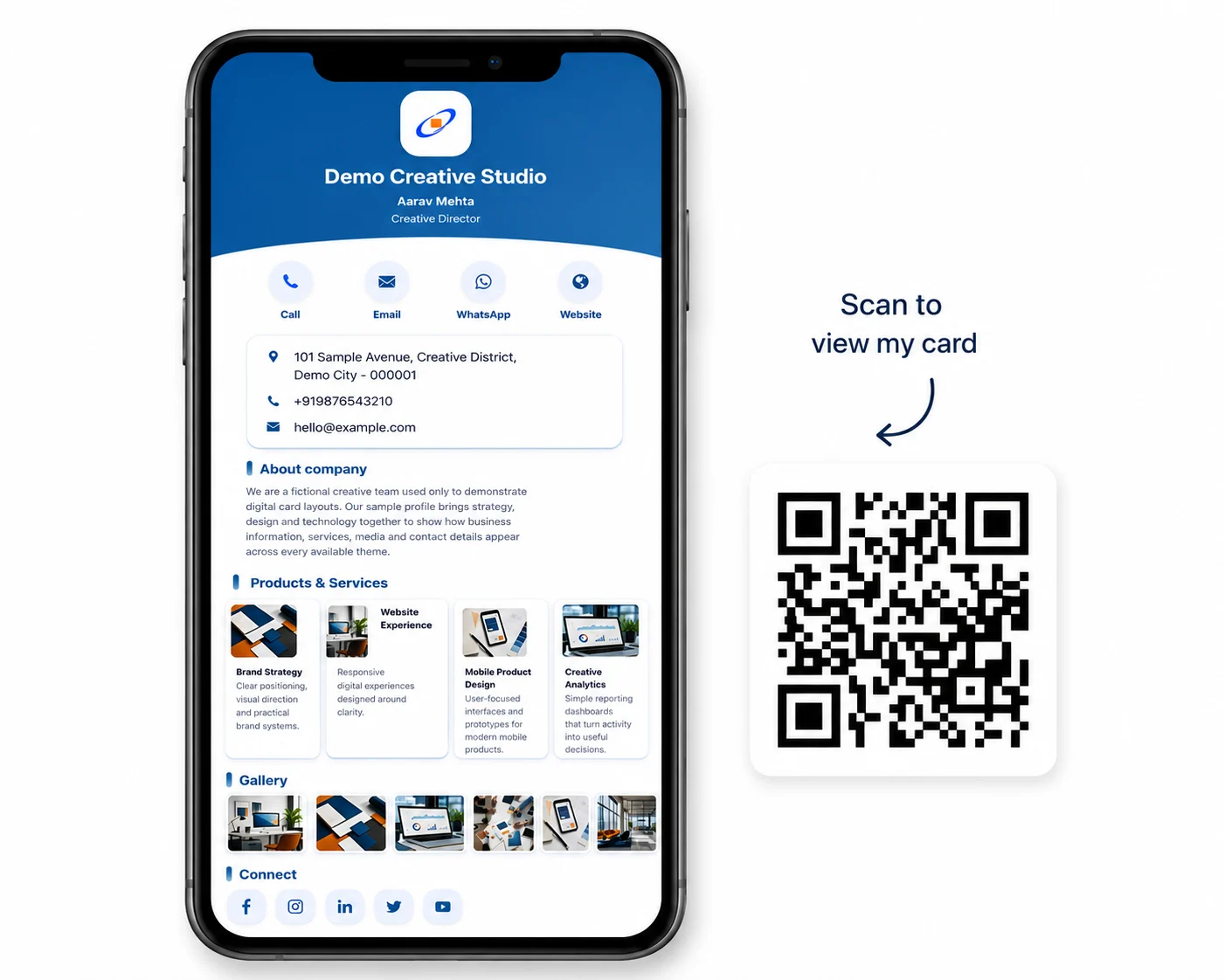 1-card.in digital business card shown on a phone with scan QR code